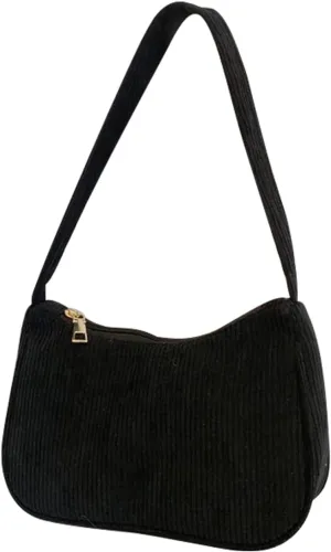 Small Shoulder Bag for Women, Corduroy Small Handbag Shoulder Handbag with Zipper, Stylish Womens Shoulder Purse (black)
