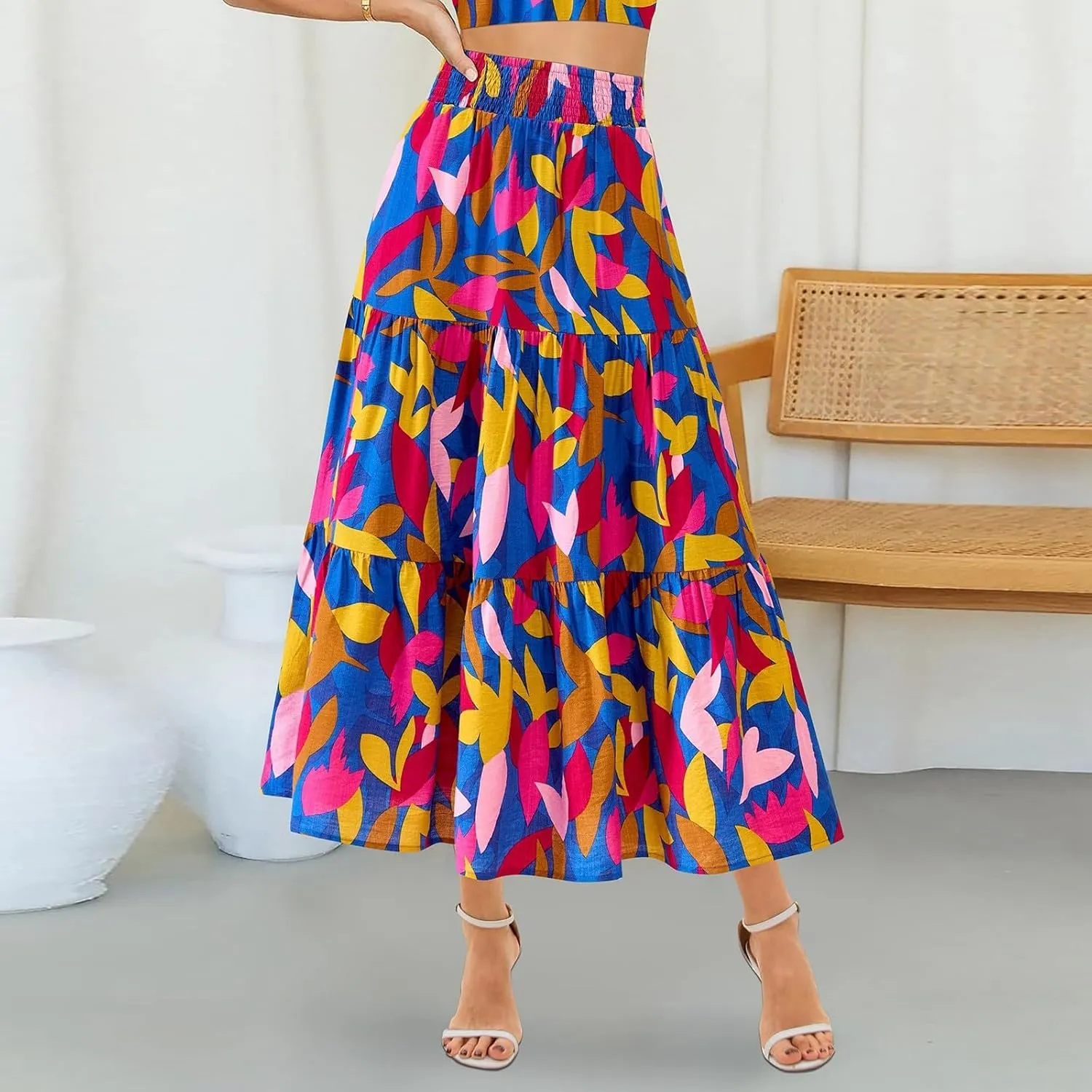 Summer Maxi Skirts for Women 2025 Vacation Boho Floral High Waisted Skirt Trendy Flowy Ruffle Tiered A Line Skirt