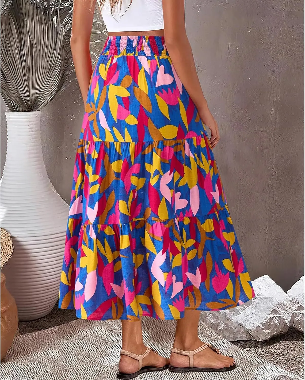 Summer Maxi Skirts for Women 2025 Vacation Boho Floral High Waisted Skirt Trendy Flowy Ruffle Tiered A Line Skirt