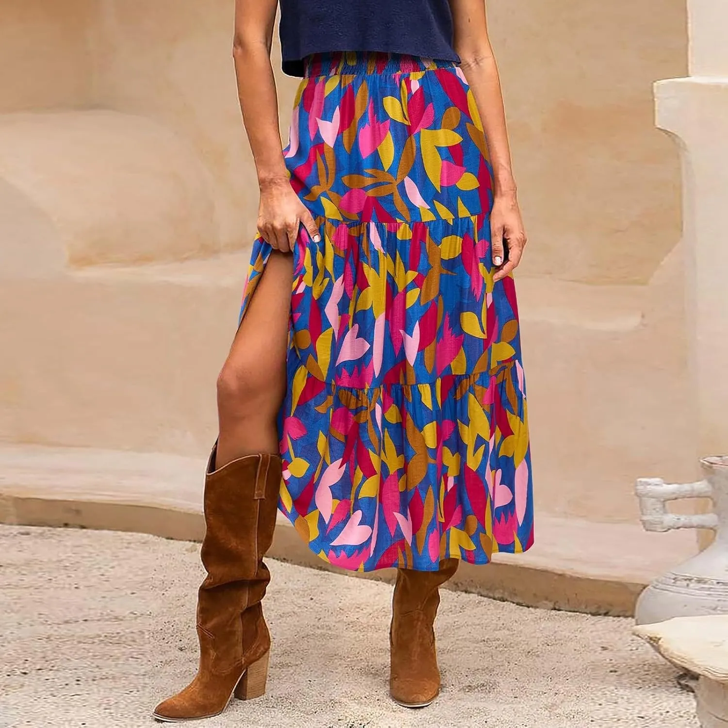 Summer Maxi Skirts for Women 2025 Vacation Boho Floral High Waisted Skirt Trendy Flowy Ruffle Tiered A Line Skirt