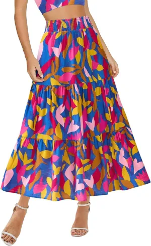Summer Maxi Skirts for Women 2025 Vacation Boho Floral High Waisted Skirt Trendy Flowy Ruffle Tiered A Line Skirt