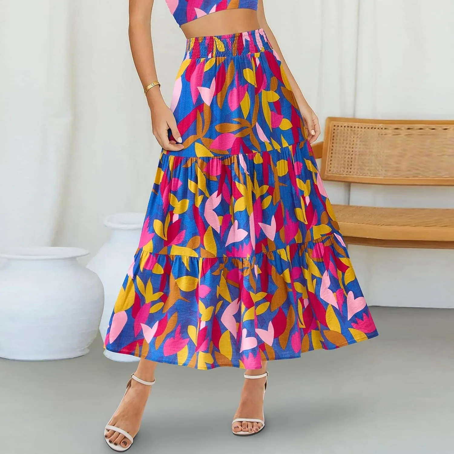Summer Maxi Skirts for Women 2025 Vacation Boho Floral High Waisted Skirt Trendy Flowy Ruffle Tiered A Line Skirt