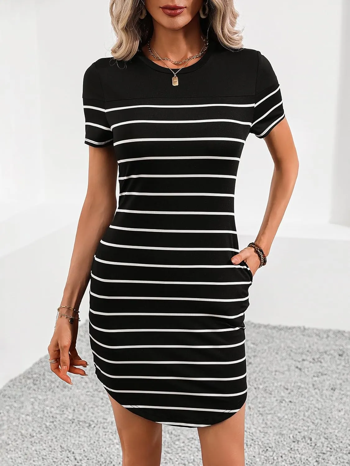 SweatyRocks Women's Summer Striped Bodycon Short Dress Crewneck Women Mini Dresses with Pockets