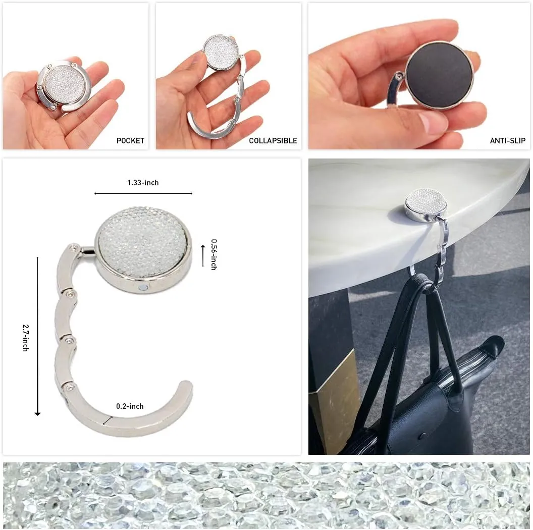 TANOSII Foldable Purse Hook Floding Handbag Hanger Bling Rhinestone Bag Holder for Table Desk 3 PCS Black White Red