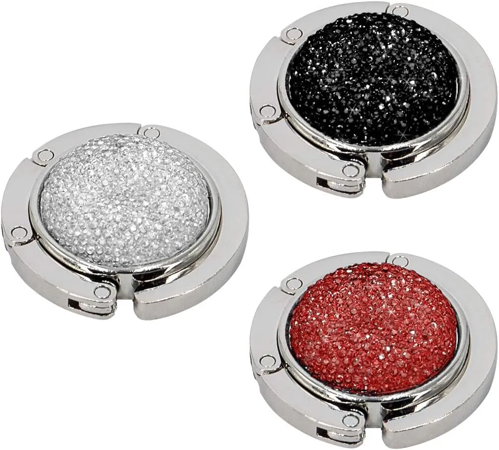 TANOSII Foldable Purse Hook Floding Handbag Hanger Bling Rhinestone Bag Holder for Table Desk 3 PCS Black White Red