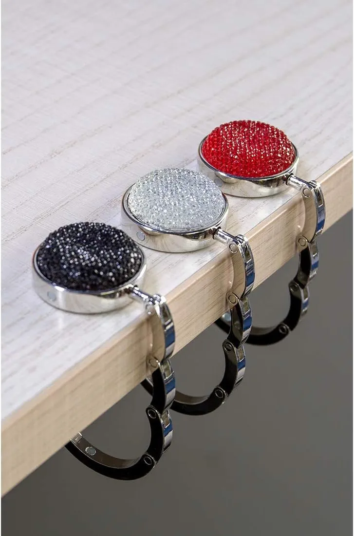 TANOSII Foldable Purse Hook Floding Handbag Hanger Bling Rhinestone Bag Holder for Table Desk 3 PCS Black White Red