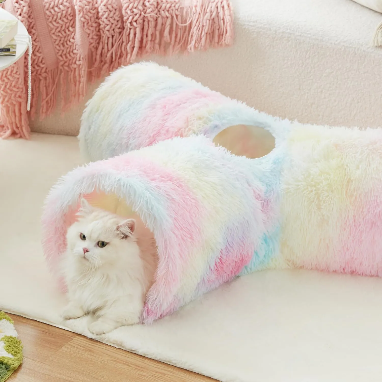 Tempcore Plush Pet Cat Tunnel Tube Cat Toys 3 Way Collapsible, Tunnels for Indoor CatsKitty Tunnel Bored Pet Toys Peek Hole Ball Puppy, Kitty, Kitten, Rabbit Rainbow