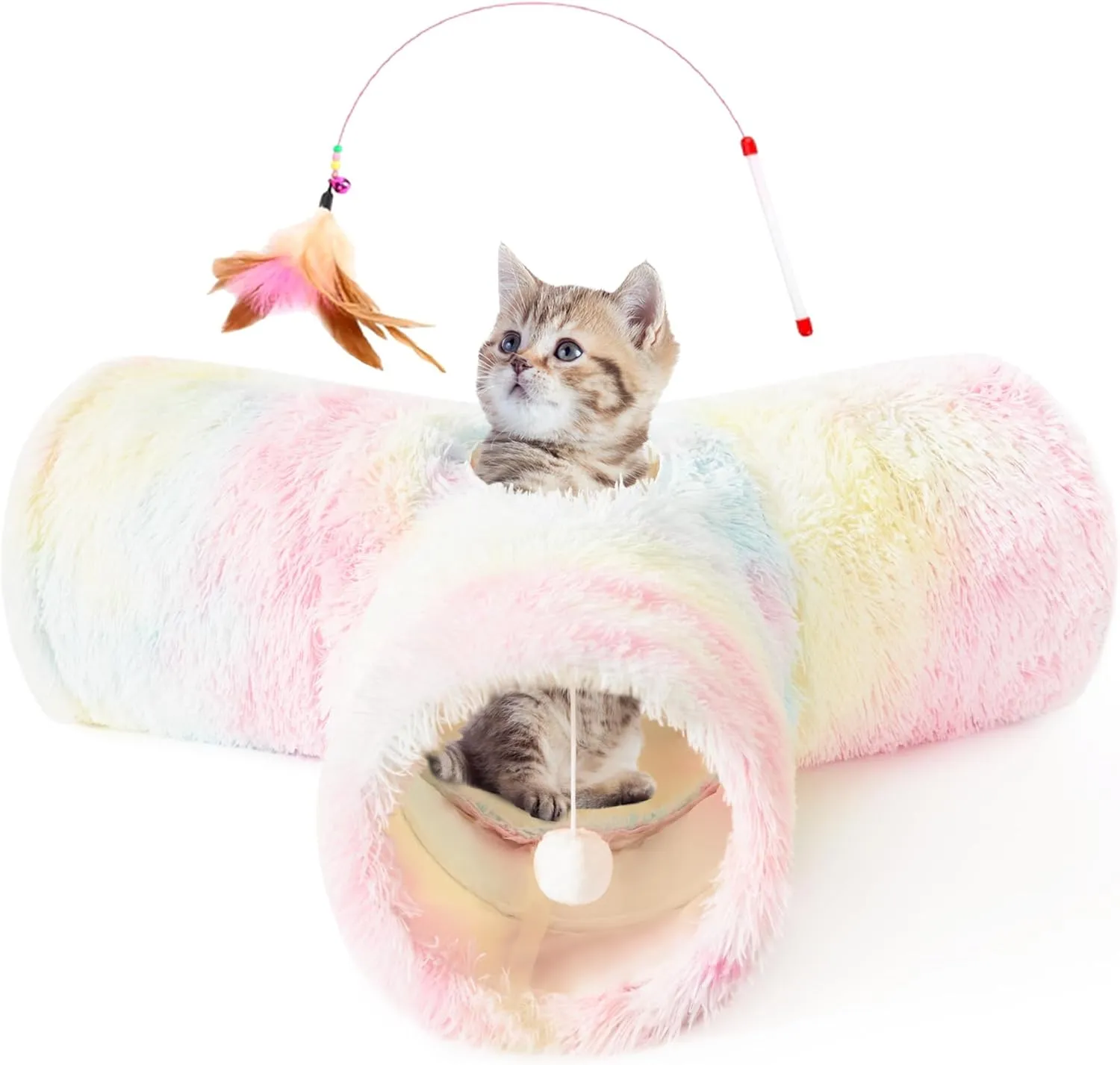 Tempcore Plush Pet Cat Tunnel Tube Cat Toys 3 Way Collapsible, Tunnels for Indoor CatsKitty Tunnel Bored Pet Toys Peek Hole Ball Puppy, Kitty, Kitten, Rabbit Rainbow