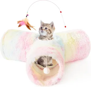 Tempcore Plush Pet Cat Tunnel Tube Cat Toys 3 Way Collapsible, Tunnels for Indoor CatsKitty Tunnel Bored Pet Toys Peek Hole Ball Puppy, Kitty, Kitten, Rabbit Rainbow