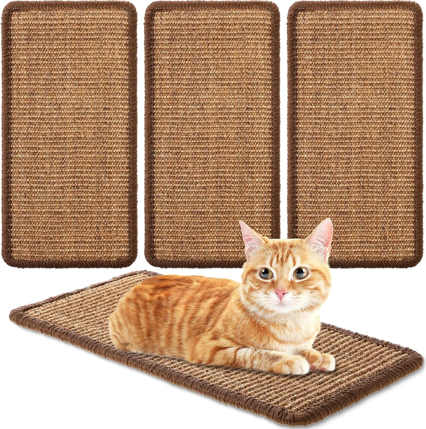 Tuanse 4 PCS Cat Scratcher Mat, 15.7 x 7.8 Inches Sisal Cat Scratching Pad, Horizontal Floor Scratching Pad Rug with Adhesive Loop Tape for Protect Couch and Carpets(Brown)