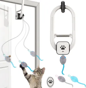 Upgraded Smart Interactive Cat Toy with Remote Control, USB Rechargeable Door Hanging Retractable Kitten Toy for Self Play, Teaser Electronic Feather Cat String with 3 Plush Mice, Black