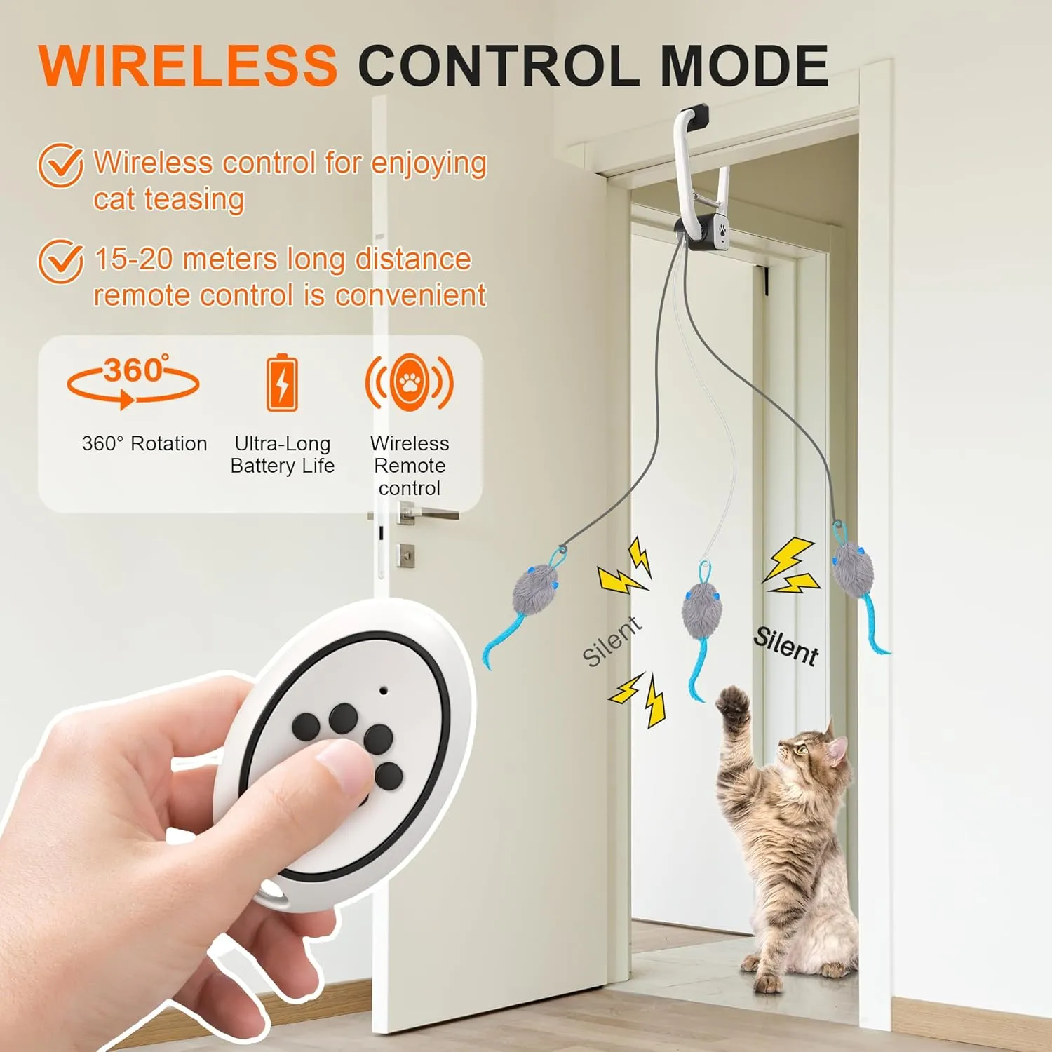 Upgraded Smart Interactive Cat Toy with Remote Control, USB Rechargeable Door Hanging Retractable Kitten Toy for Self Play, Teaser Electronic Feather Cat String with 3 Plush Mice, Black