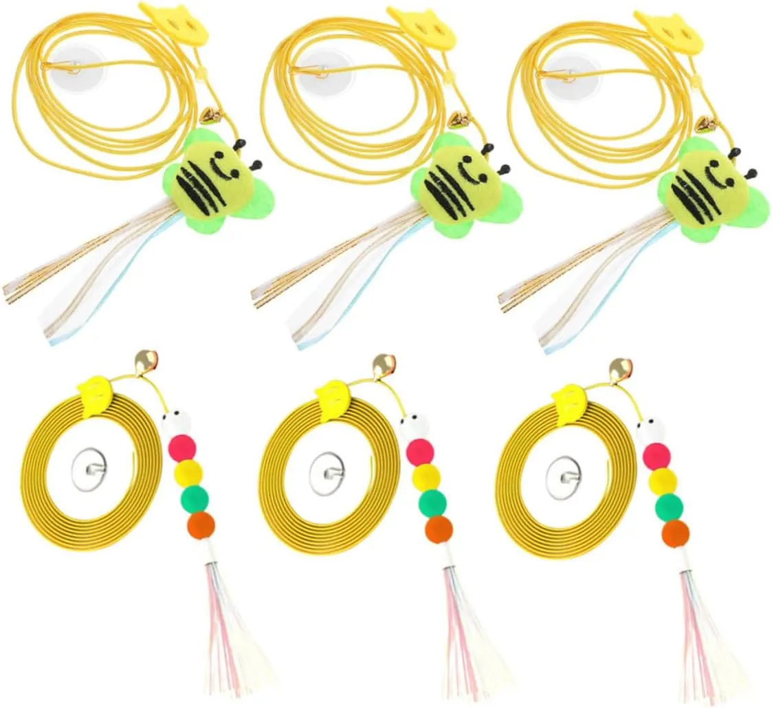 UPKOCH 6pcs Retractable Teaser Cat Door Hanging for Indoor Cats Interactive Kitten Play with Elastic Ropes Engaging Bee Caterpillar Designs Promotes Exercise and Self Amusement
