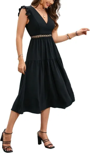 V Neck Lace Trim Cutout Back Dress for Women Above Knee Length