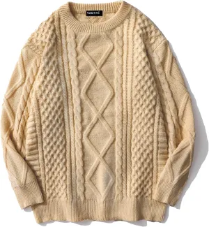 Vamtac Womens Oversized Sweaters Cable Knit Crewneck Cream Casual Vintage Loose Pullover Beige Woven Tops