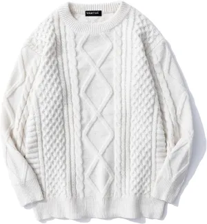 Vamtac Womens Oversized Sweaters Cable Knit Crewneck Cream Casual Vintage Loose Pullover Beige Woven Tops
