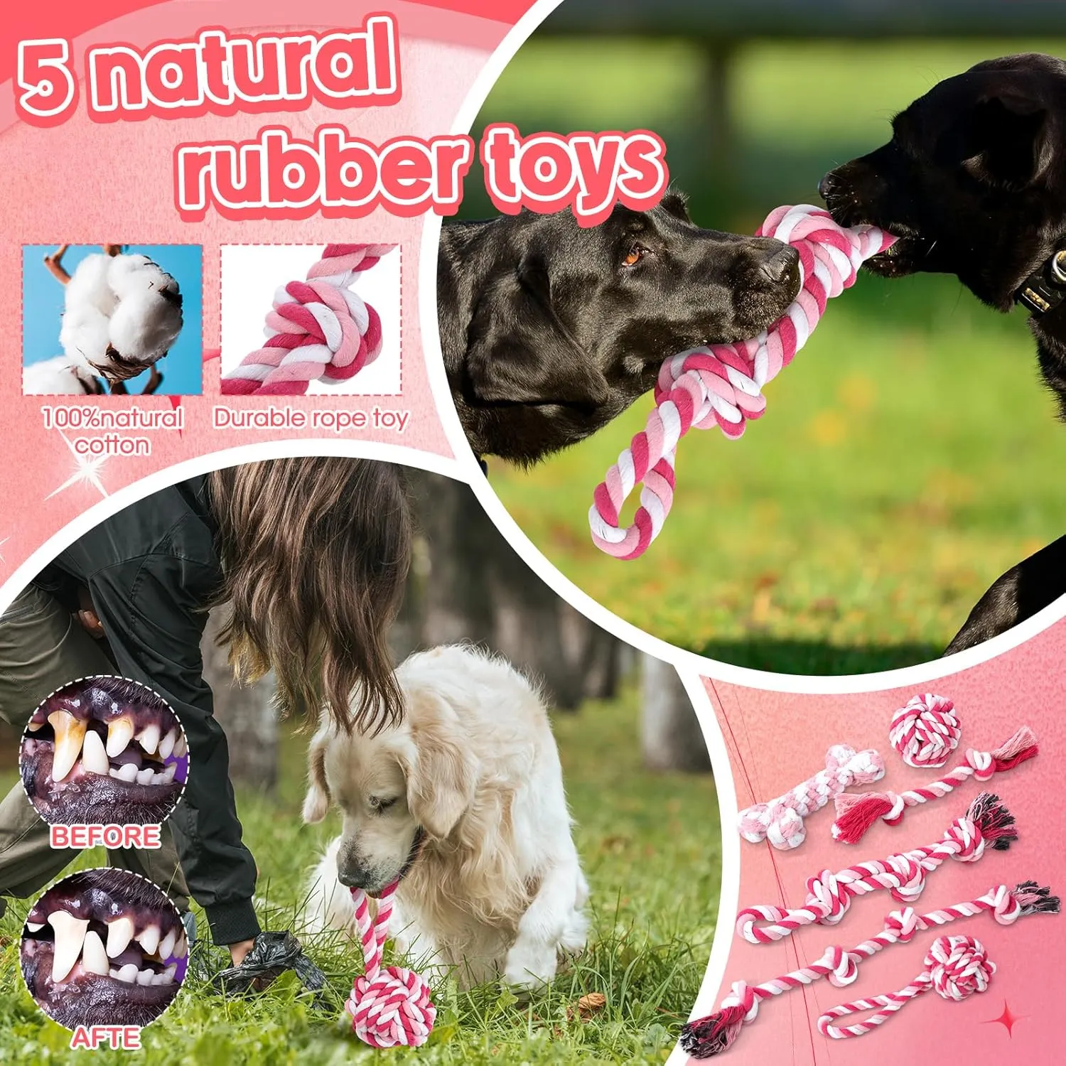 Vinsot 12 Pack Large Dog Chew Toys for Aggressive Chewers Pink Teething Toys with Dental Rope Squeaky Balls and Chew Bone for Medium Large X-Large Breeds Dogs (Strawberry)