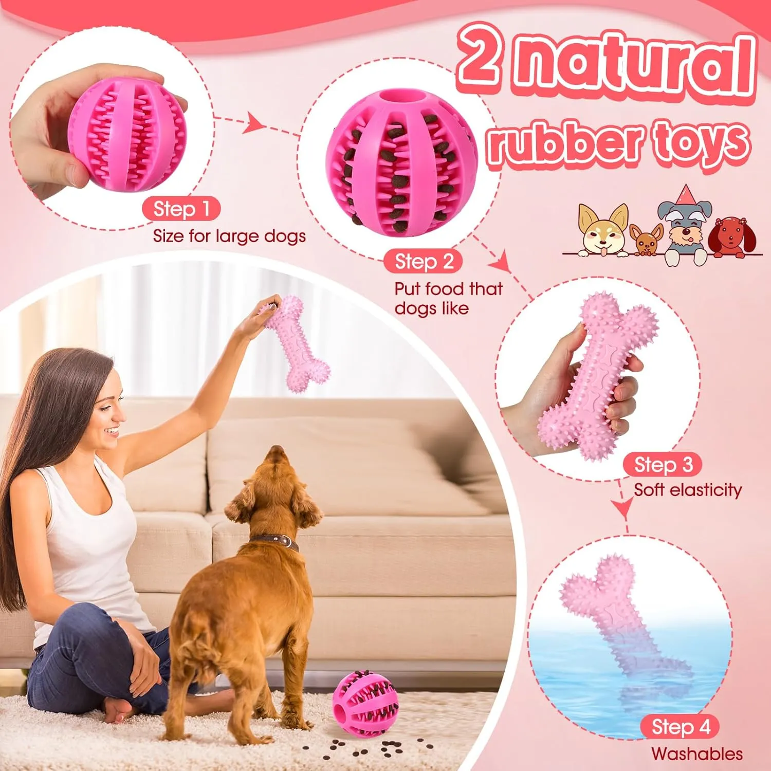 Vinsot 12 Pack Large Dog Chew Toys for Aggressive Chewers Pink Teething Toys with Dental Rope Squeaky Balls and Chew Bone for Medium Large X-Large Breeds Dogs (Strawberry)