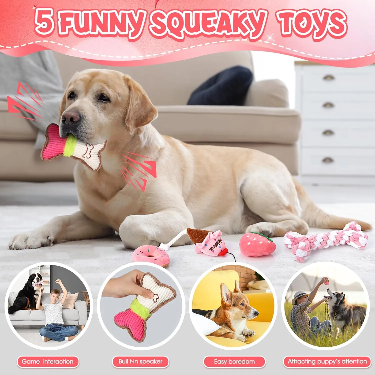 Vinsot 12 Pack Large Dog Chew Toys for Aggressive Chewers Pink Teething Toys with Dental Rope Squeaky Balls and Chew Bone for Medium Large X-Large Breeds Dogs (Strawberry)