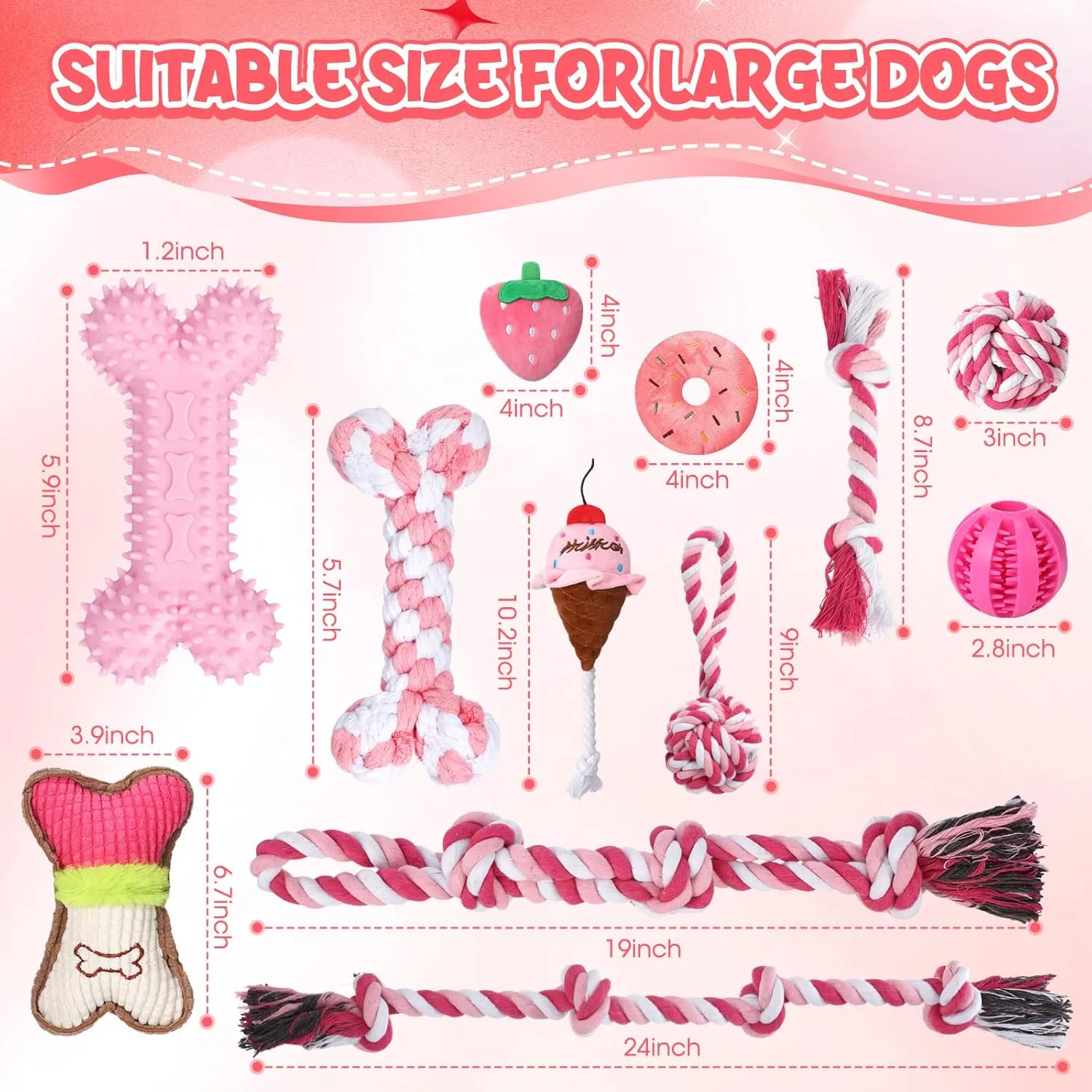 Vinsot 12 Pack Large Dog Chew Toys for Aggressive Chewers Pink Teething Toys with Dental Rope Squeaky Balls and Chew Bone for Medium Large X-Large Breeds Dogs (Strawberry)