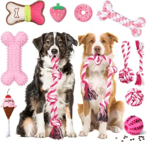 Vinsot 12 Pack Large Dog Chew Toys for Aggressive Chewers Pink Teething Toys with Dental Rope Squeaky Balls and Chew Bone for Medium Large X-Large Breeds Dogs (Strawberry)
