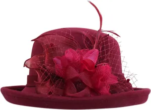 Vintage Women Floral Wool Dress Cloche Winter Hat 1920s Stylish Round Bowler Hats Fedoras Church Cap