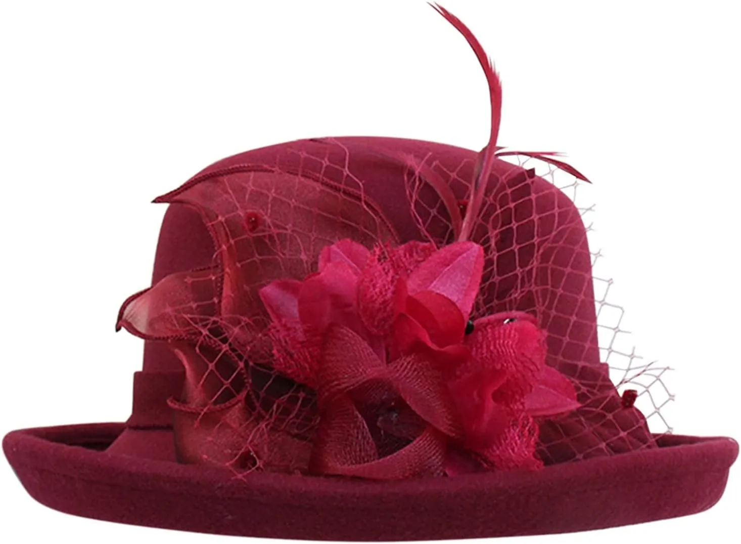 Vintage Women Floral Wool Dress Cloche Winter Hat 1920s Stylish Round Bowler Hats Fedoras Church Cap