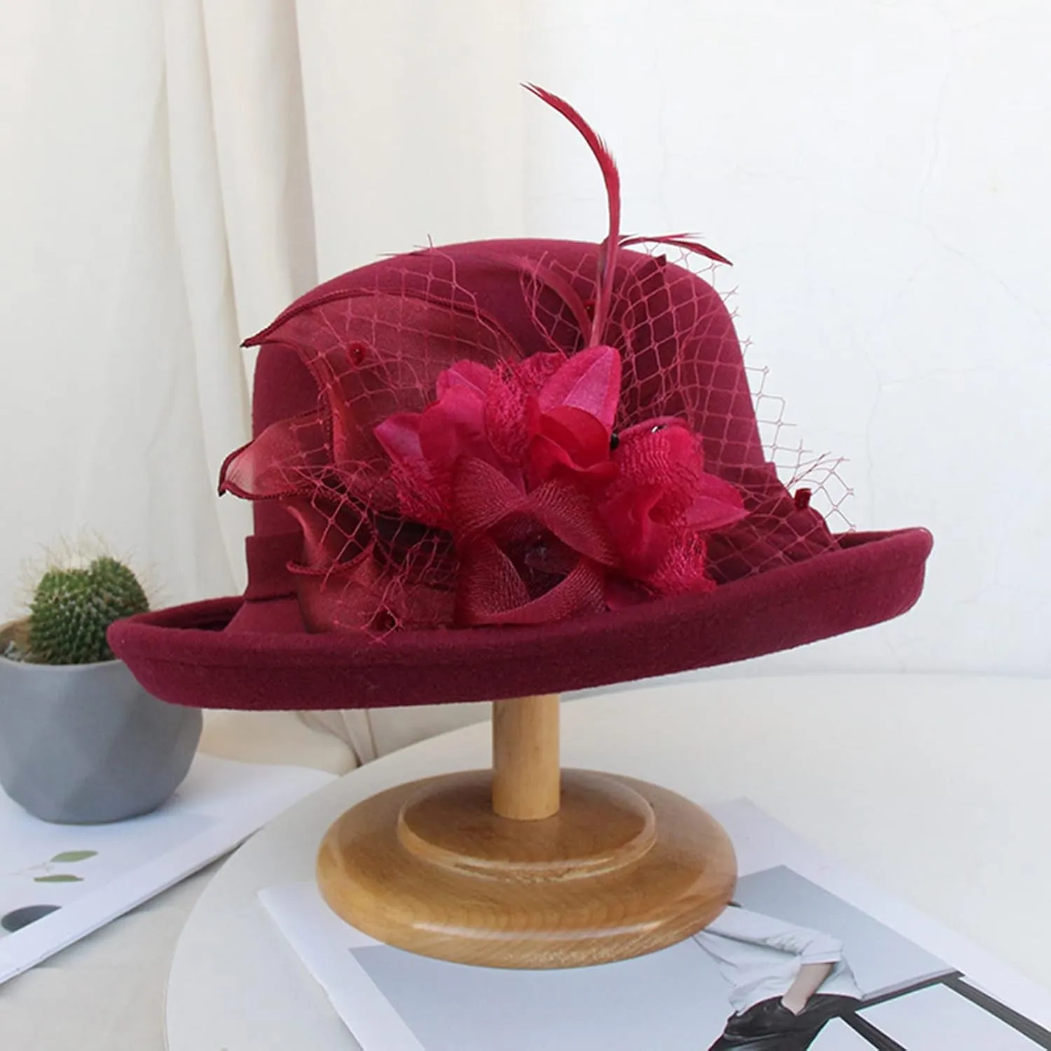 Vintage Women Floral Wool Dress Cloche Winter Hat 1920s Stylish Round Bowler Hats Fedoras Church Cap