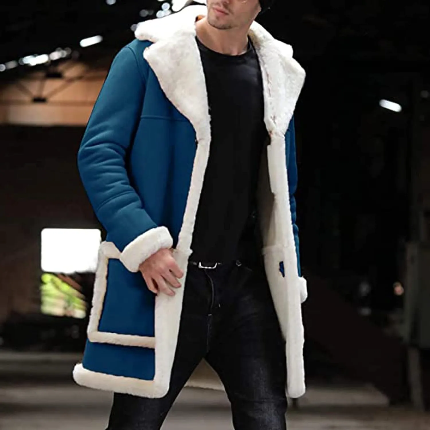 Warm Fleece Jacket for Mens Artificial Lined Hooded Retro Long Jacket Coat Winter Jackets for Men