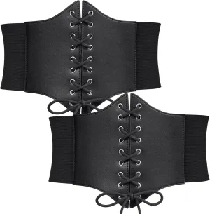 WERFORU 2 Pack Women Corset Elastic Belt Wide Vintage Lace-up Tied Costume Waspie Waist Belt Halloween