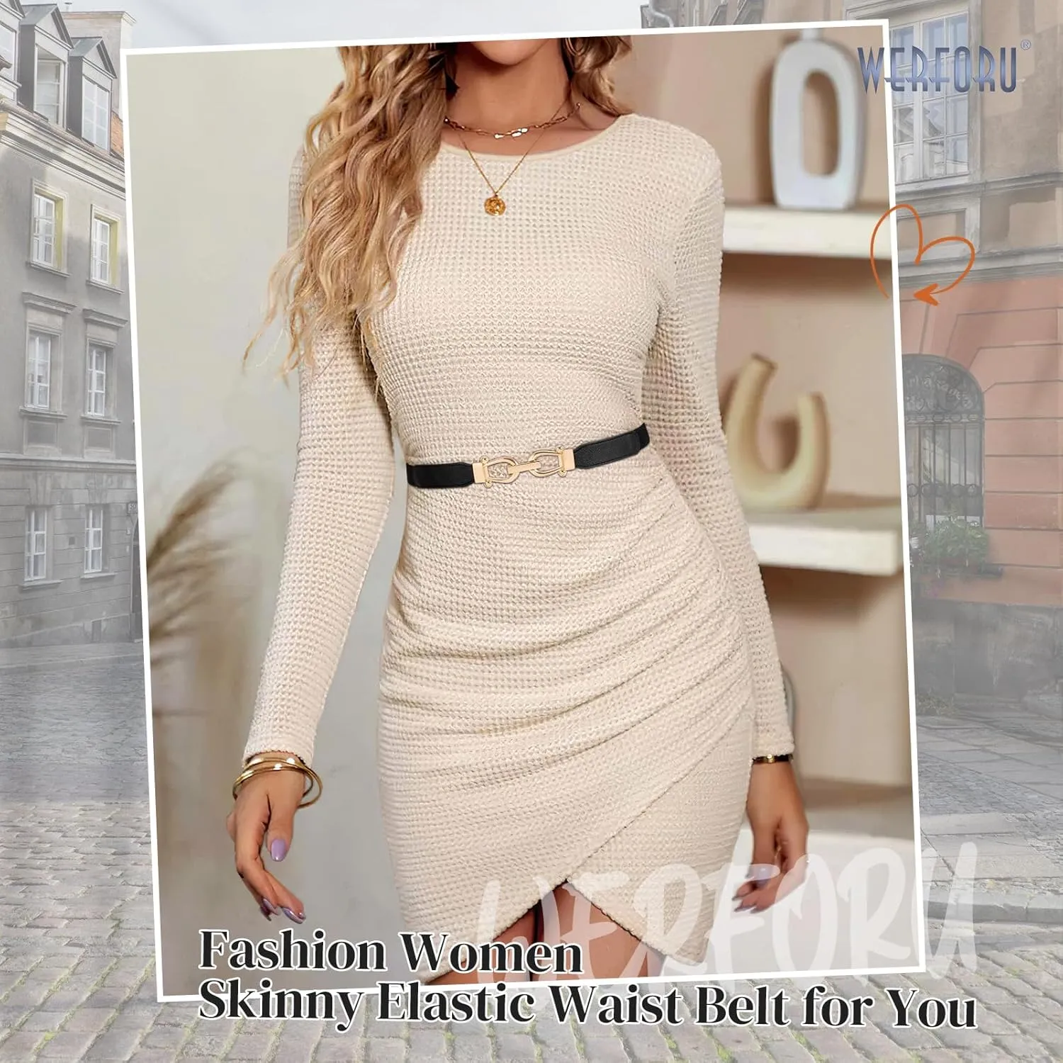 WERFORU 4 Pack Women Skinny Elastic Waist Belt Gold Buckle Stretchy Thin Belt for Jeans Dress