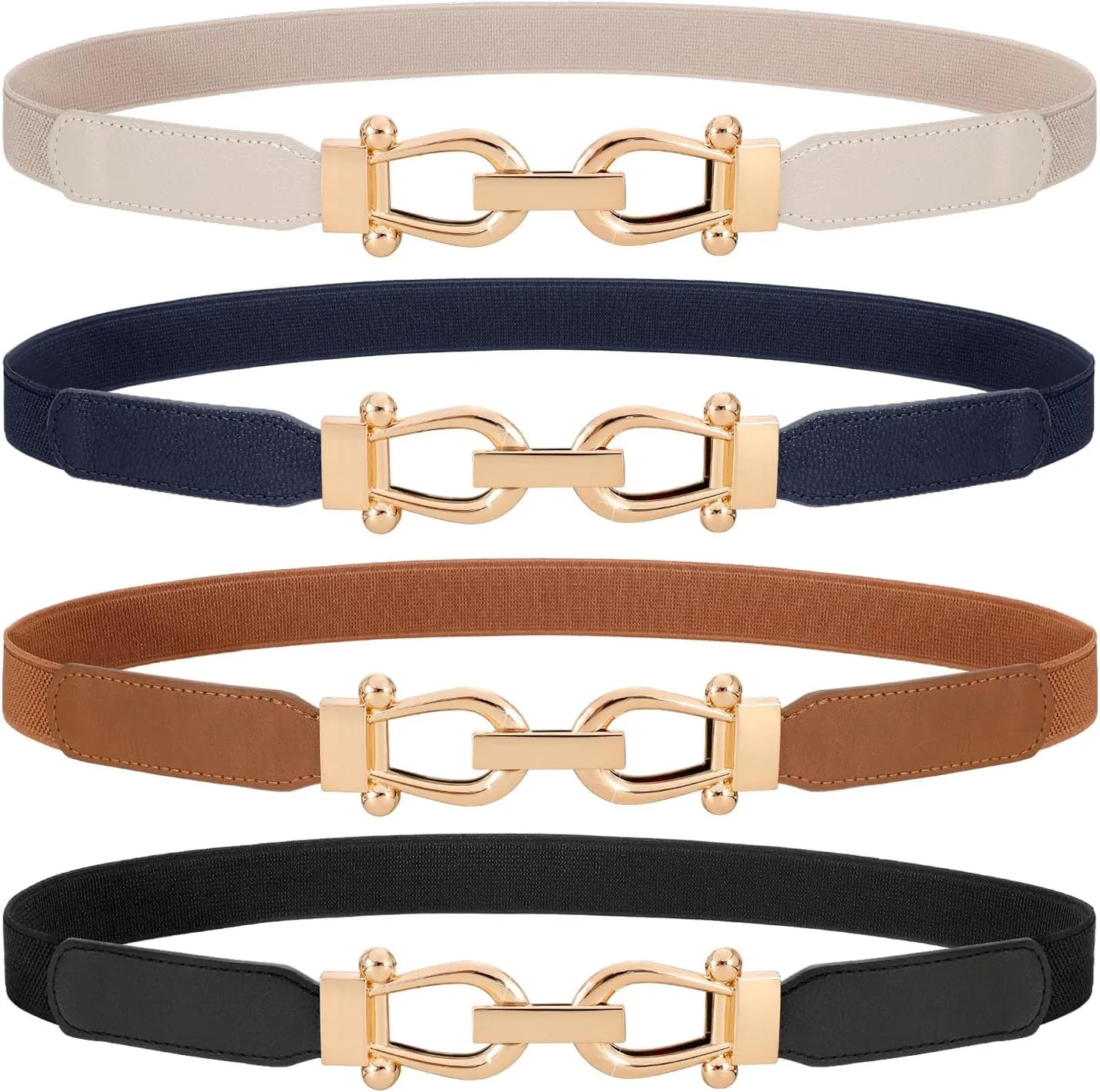 WERFORU 4 Pack Women Skinny Elastic Waist Belt Gold Buckle Stretchy Thin Belt for Jeans Dress