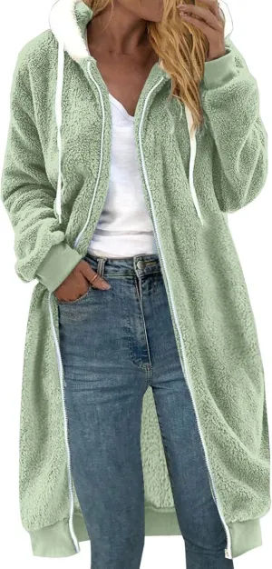 Winter Coats For Women,Women'S Solid Fleece Long Hooded Jacket Fuzzy Zipper Sherpa Outerwear Fall Clothes