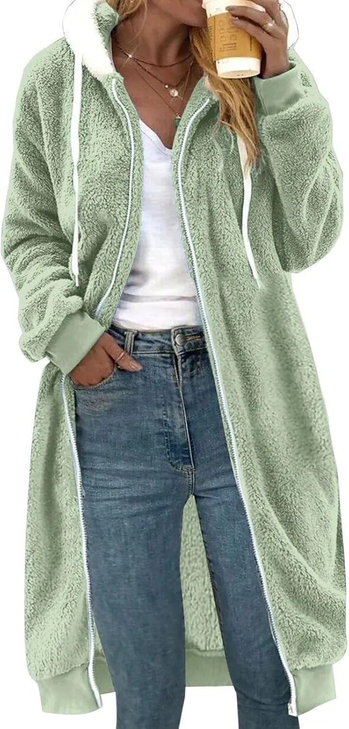 Winter Coats For Women,Women'S Solid Fleece Long Hooded Jacket Fuzzy Zipper Sherpa Outerwear Fall Clothes