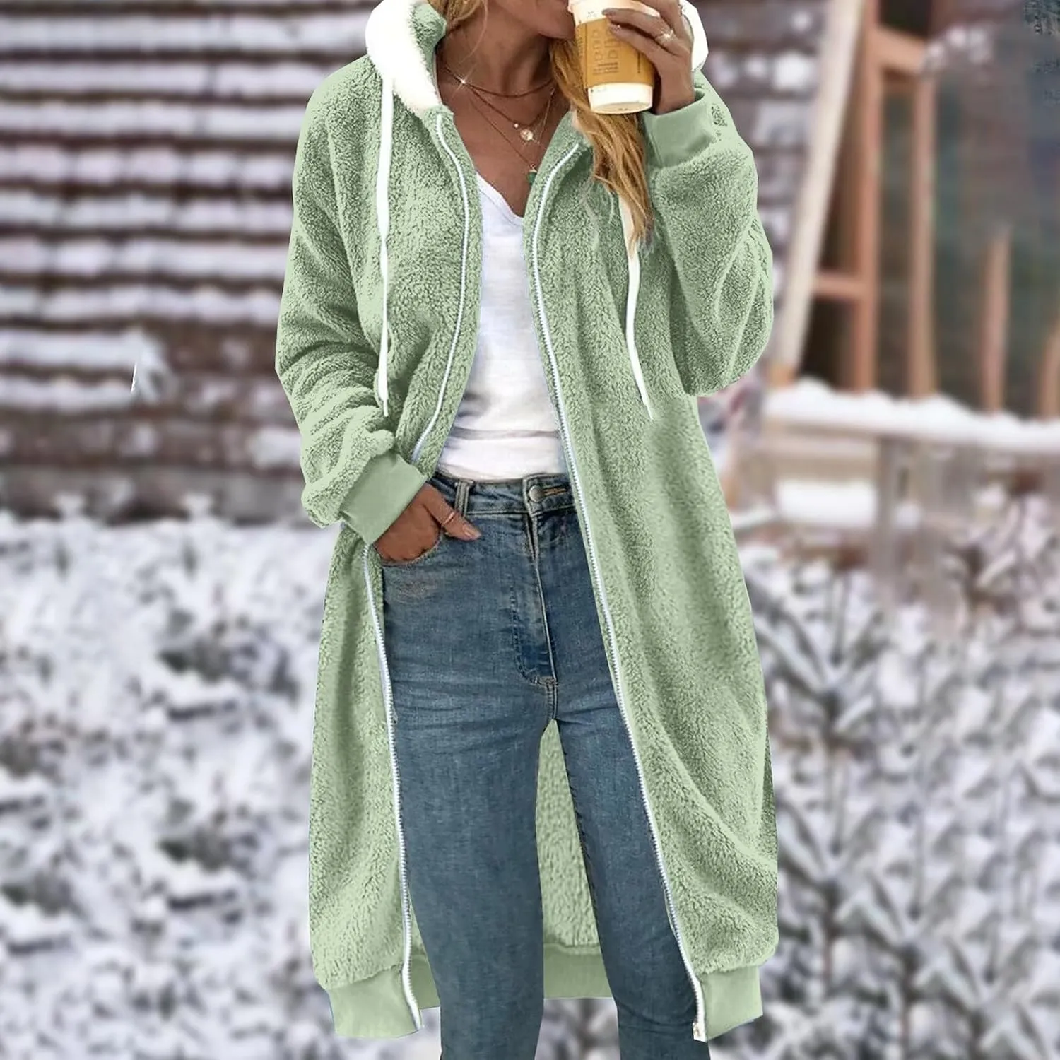 Winter Coats For Women,Women'S Solid Fleece Long Hooded Jacket Fuzzy Zipper Sherpa Outerwear Fall Clothes