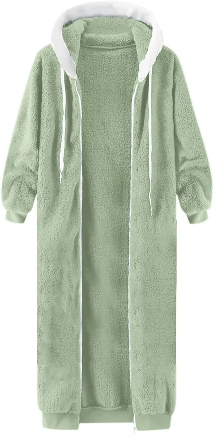 Winter Coats For Women,Women'S Solid Fleece Long Hooded Jacket Fuzzy Zipper Sherpa Outerwear Fall Clothes