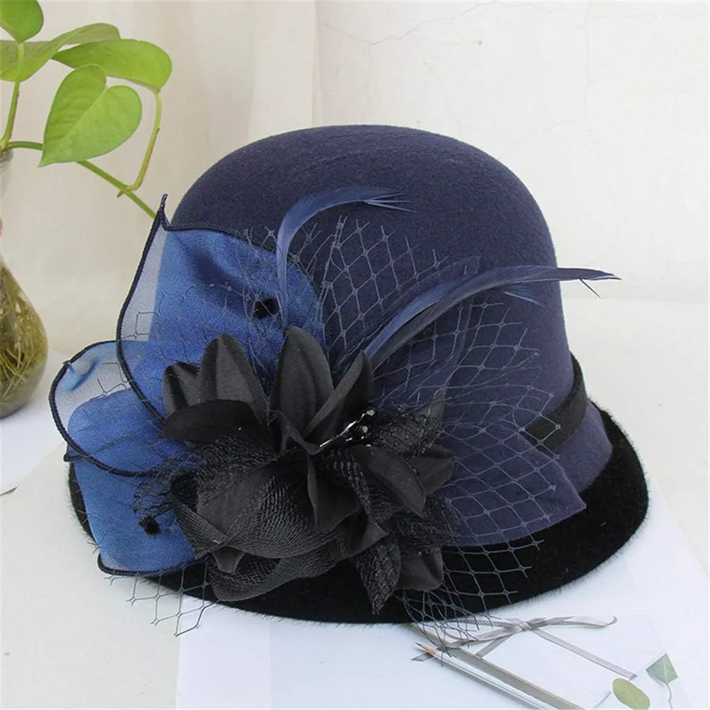 Women 1920s Classic Wool-Fel-Cloche Church-Hat Crushable Round-Bowler-Hat Derb Hat Tea Party Cap