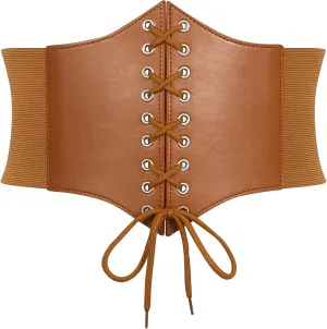 Women Corset Belt Elastic Lace-up Wide Waspie Belt Vintage Halloween Punk Costume