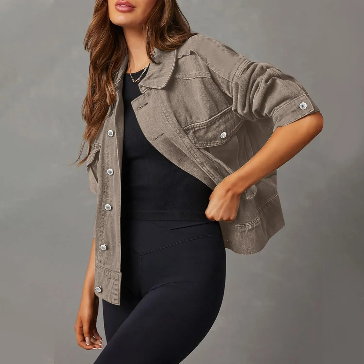 Women Cropped Denim Jackets Military Safari Button Up Lightweight Oversized Utility Anorak Cargo Jackets with Pockets