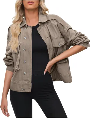 Women Cropped Denim Jackets Military Safari Button Up Lightweight Oversized Utility Anorak Cargo Jackets with Pockets