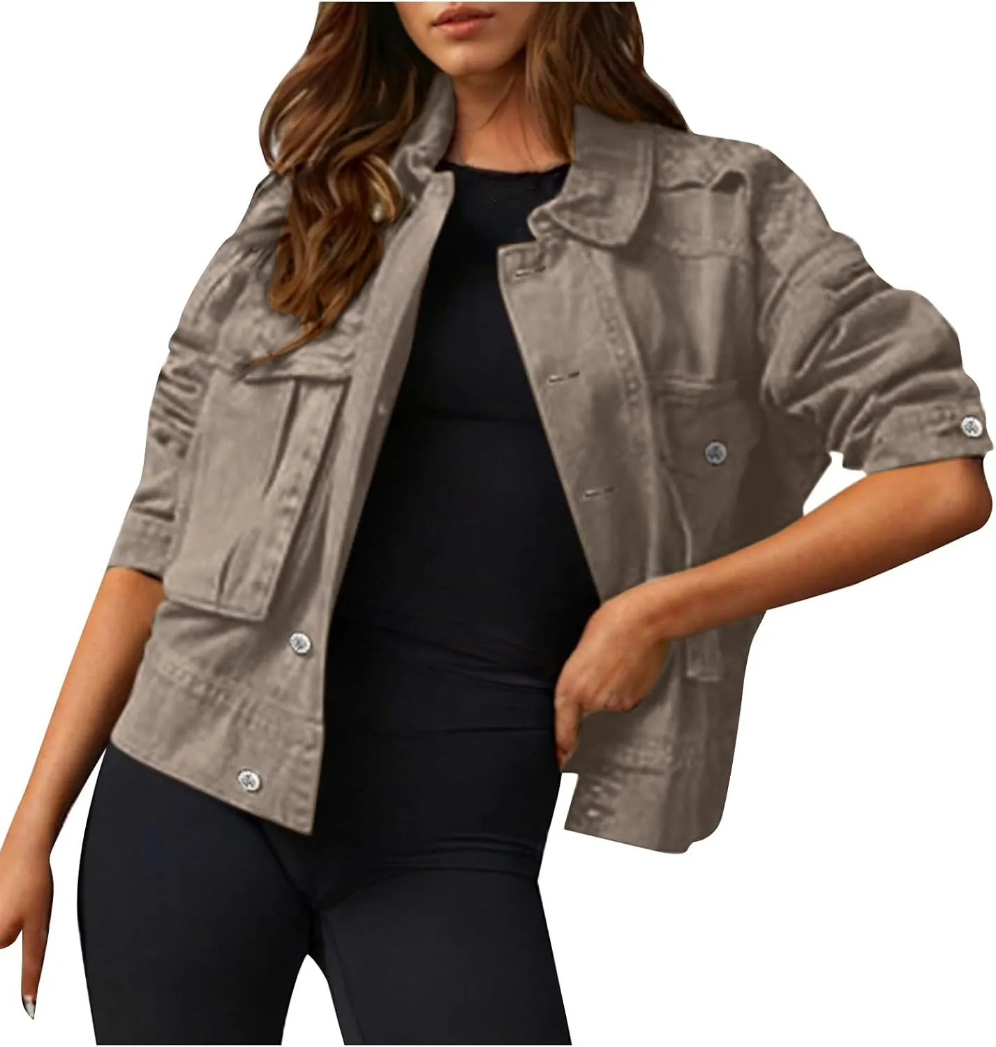 Women Cropped Denim Jackets Military Safari Button Up Lightweight Oversized Utility Anorak Cargo Jackets with Pockets