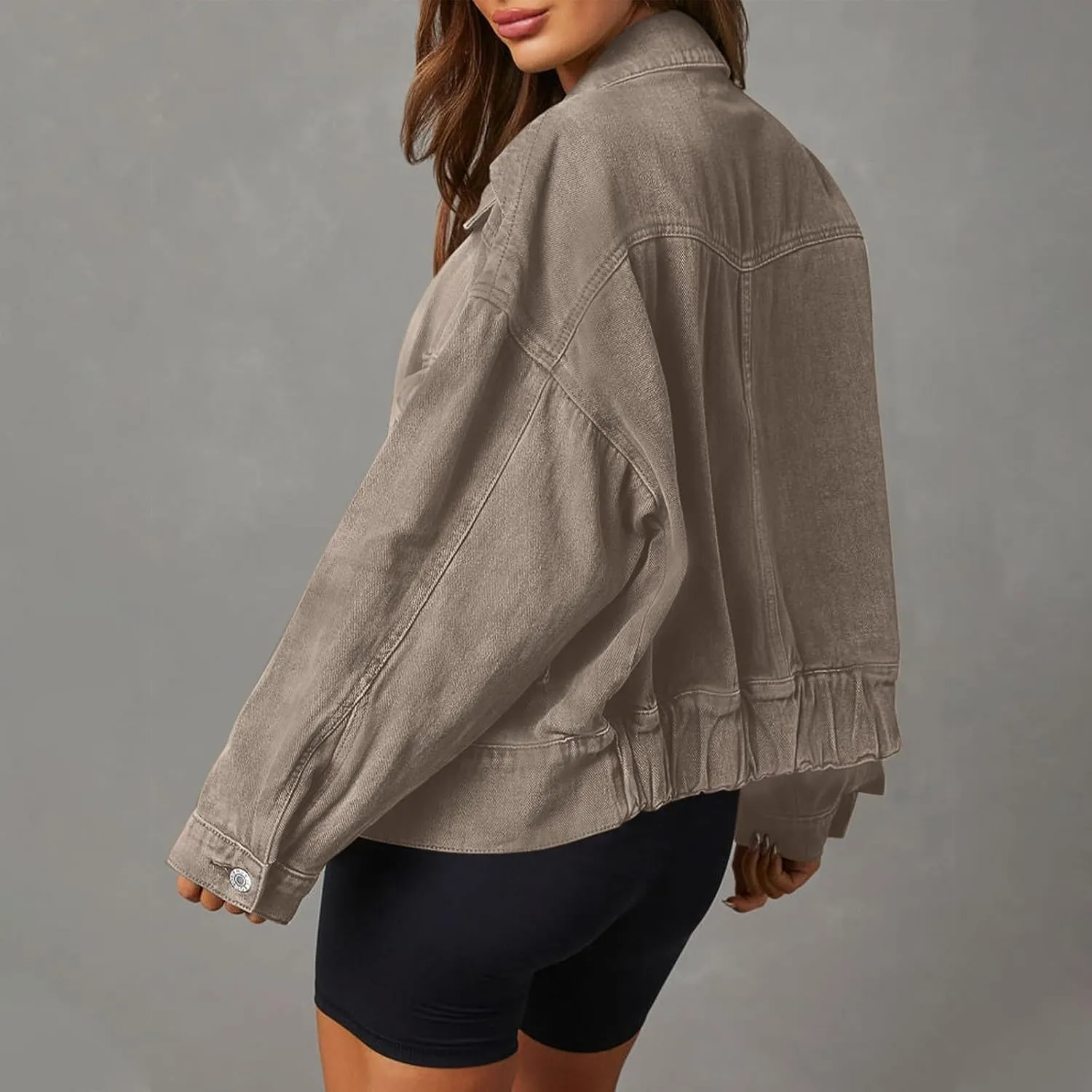 Women Cropped Denim Jackets Military Safari Button Up Lightweight Oversized Utility Anorak Cargo Jackets with Pockets