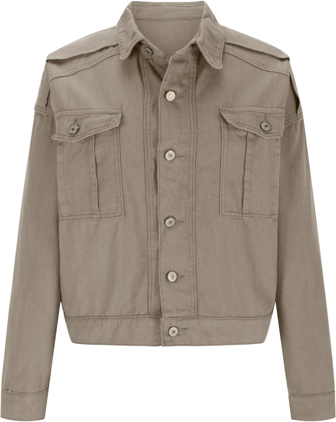 Women Cropped Denim Jackets Military Safari Button Up Lightweight Oversized Utility Anorak Cargo Jackets with Pockets