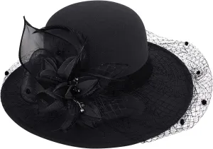 Women Fall Winter Wool Vintage Felt Bucket Elegant Hat Church Dress Cloche Hats Formal Wedding Hat with Bow