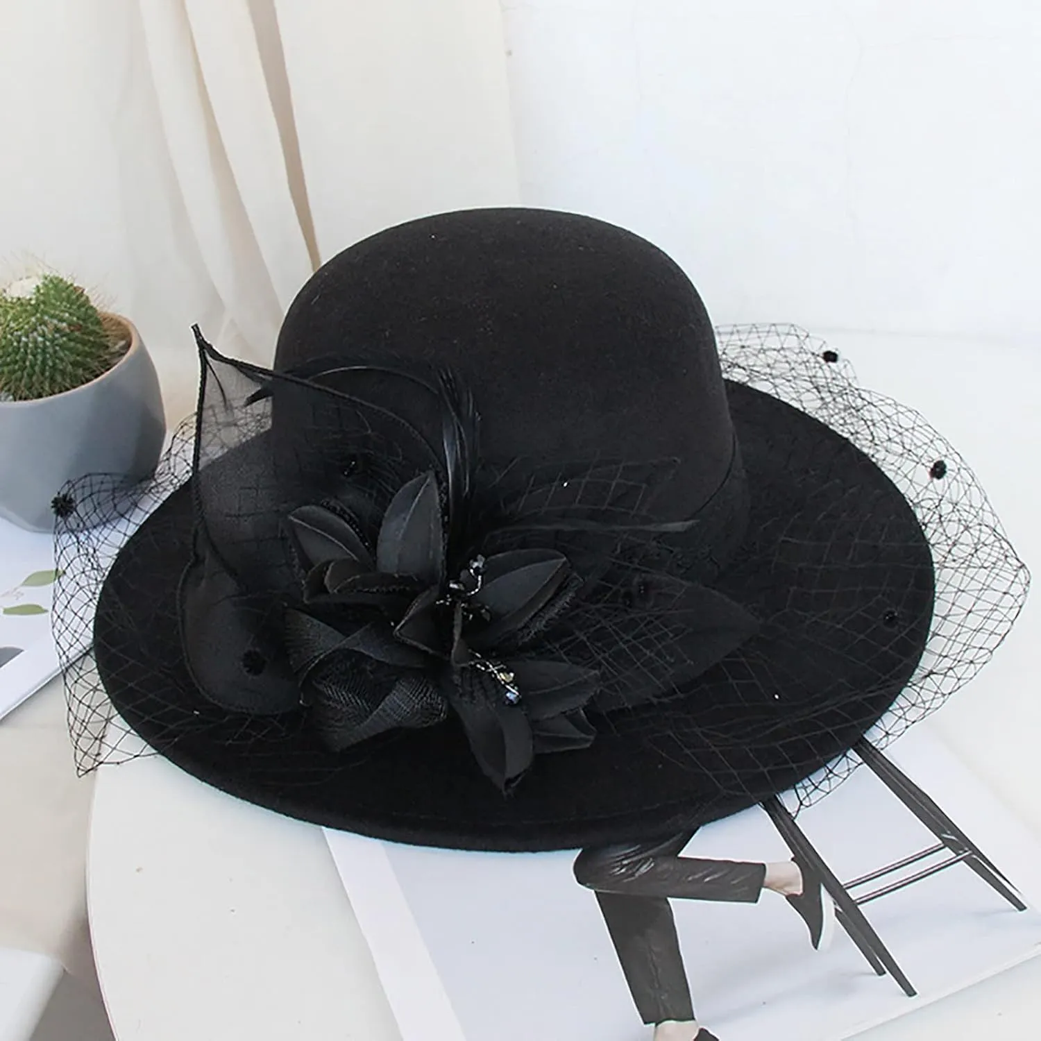 Women Fall Winter Wool Vintage Felt Bucket Elegant Hat Church Dress Cloche Hats Formal Wedding Hat with Bow