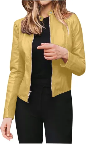 Women Faux Leather Jacket, Women's Zip Up Motorcycle Short PU Moto Biker Outwear Fitted Slim Coat Tops