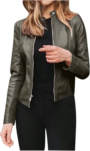Women Faux Leather Jacket, Women's Zip Up Motorcycle Short PU Moto Biker Outwear Fitted Slim Coat Tops