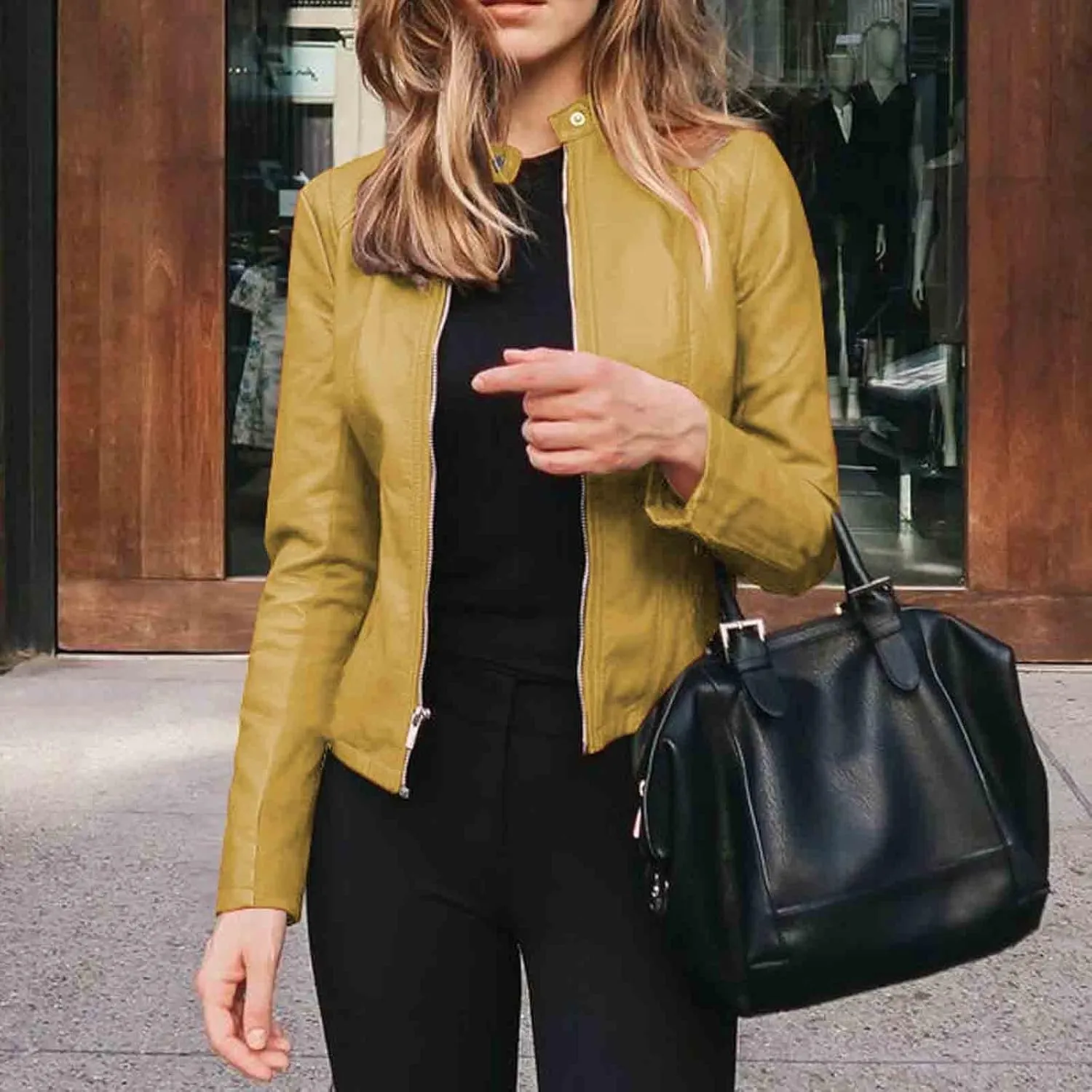 Women Faux Leather Jacket, Women's Zip Up Motorcycle Short PU Moto Biker Outwear Fitted Slim Coat Tops