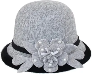Women Fel Hat Bucket Hat Adjustable Vintage Bowler Suede Wool Hat with Flower