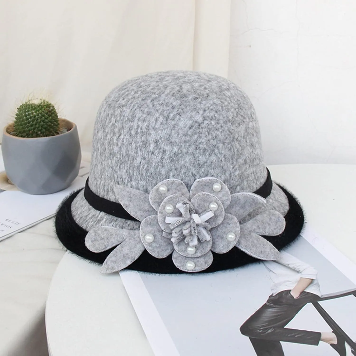 Women Fel Hat Bucket Hat Adjustable Vintage Bowler Suede Wool Hat with Flower